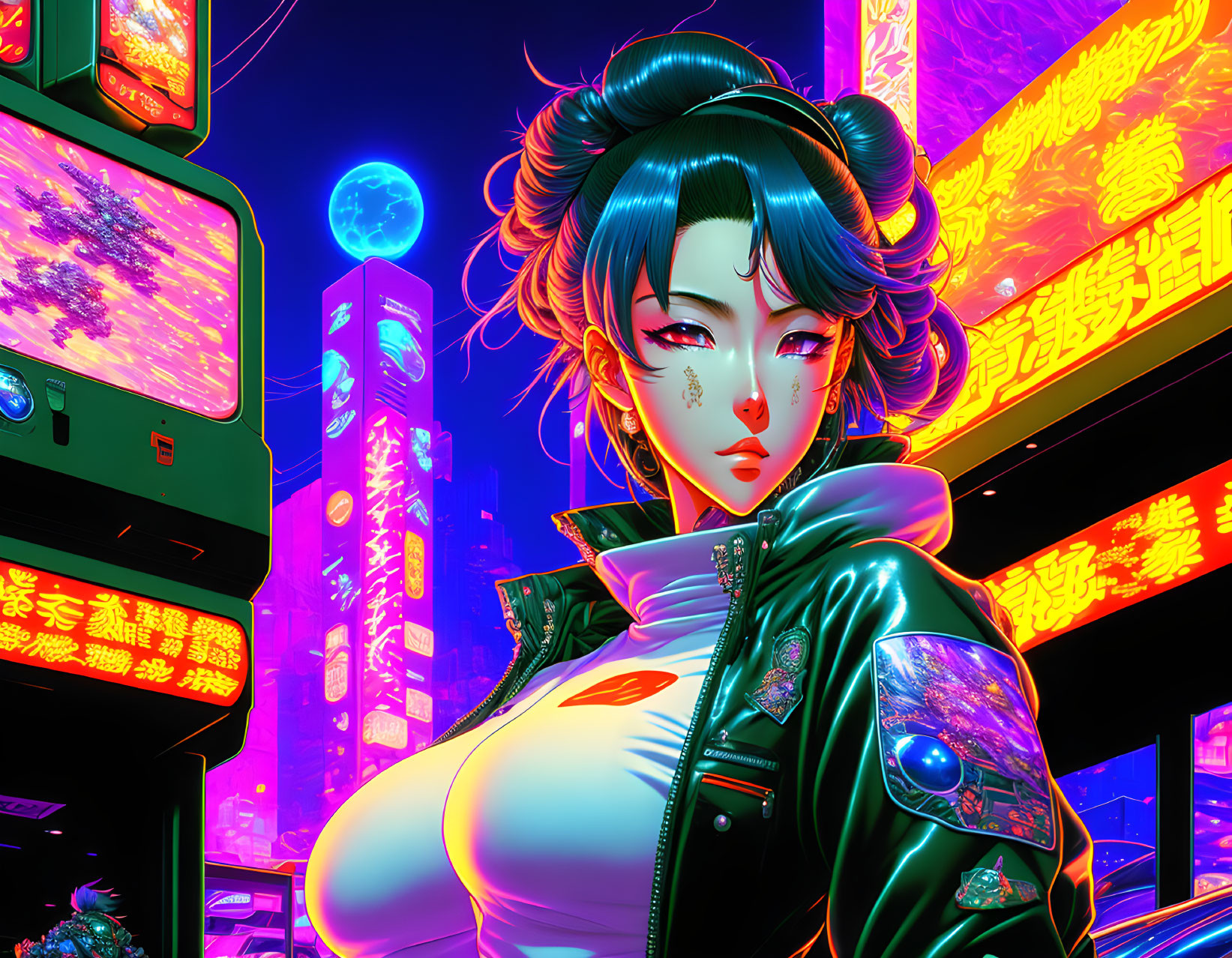 Futuristic cyberpunk illustration of a woman with blue hair in buns against neon cityscape