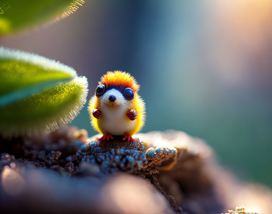 Colorful Cartoon Animal Resting Under Leaf in Warm Sunlight