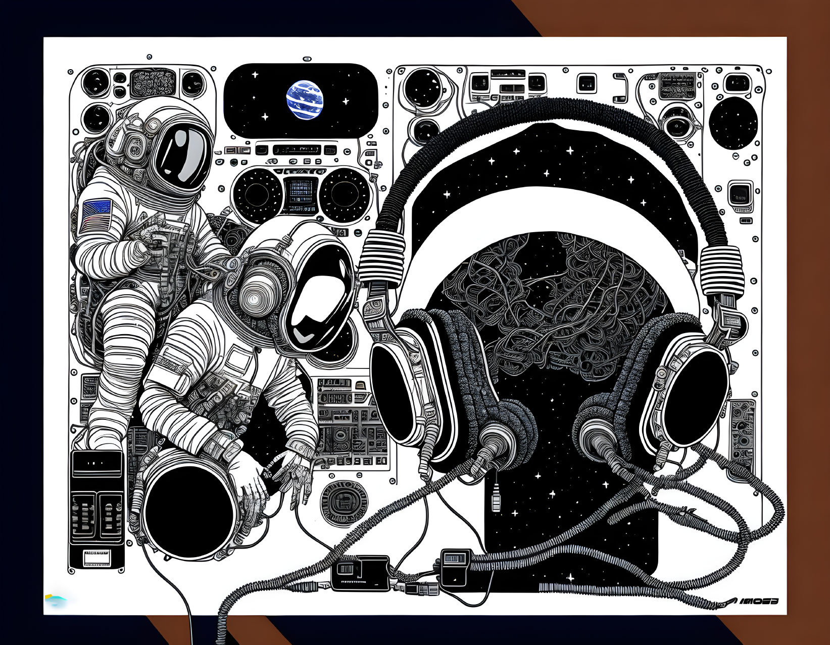 Astronauts with cosmic headphones in space scene