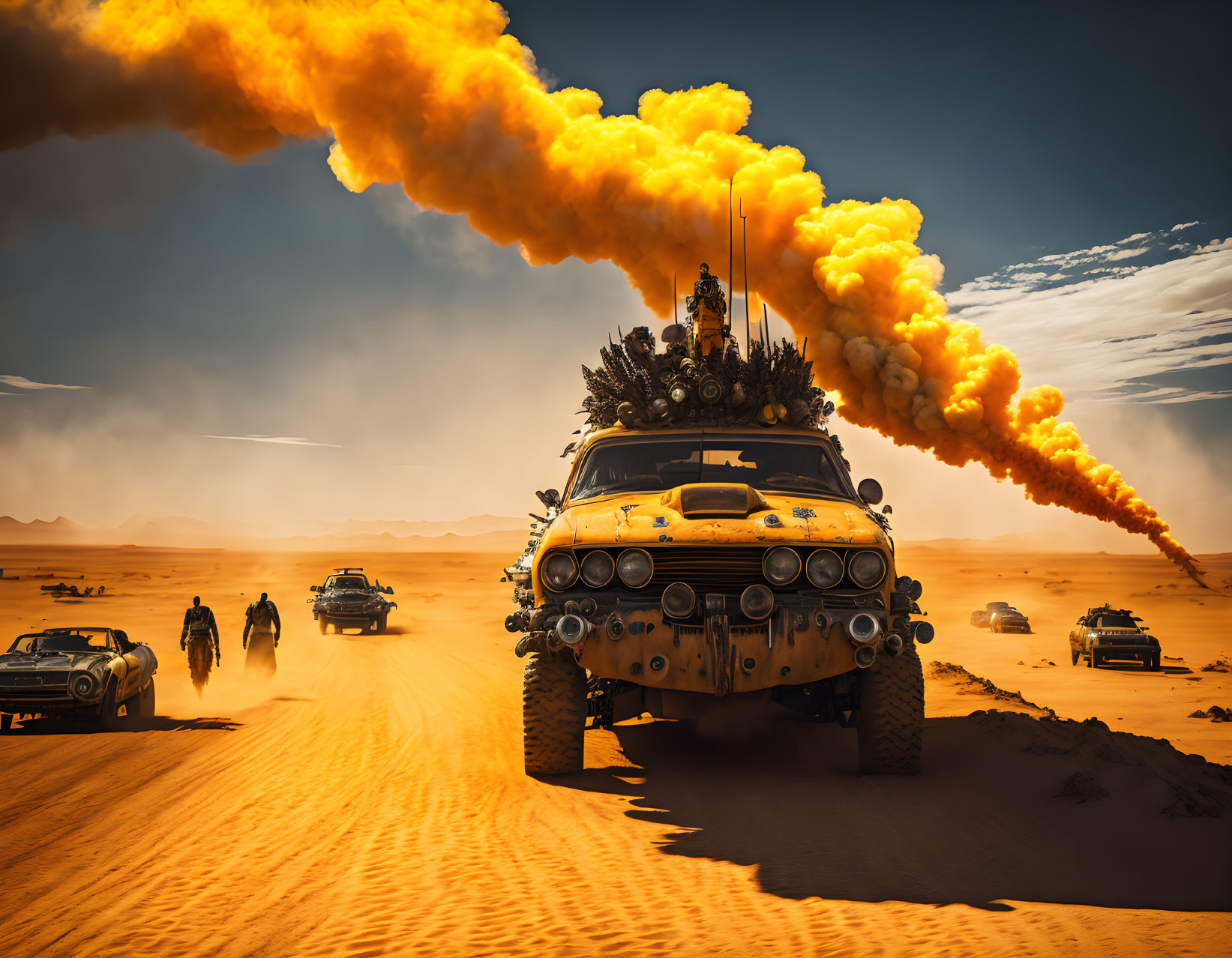 Modified vehicle with exhaust flames races in desert convoy under orange sky