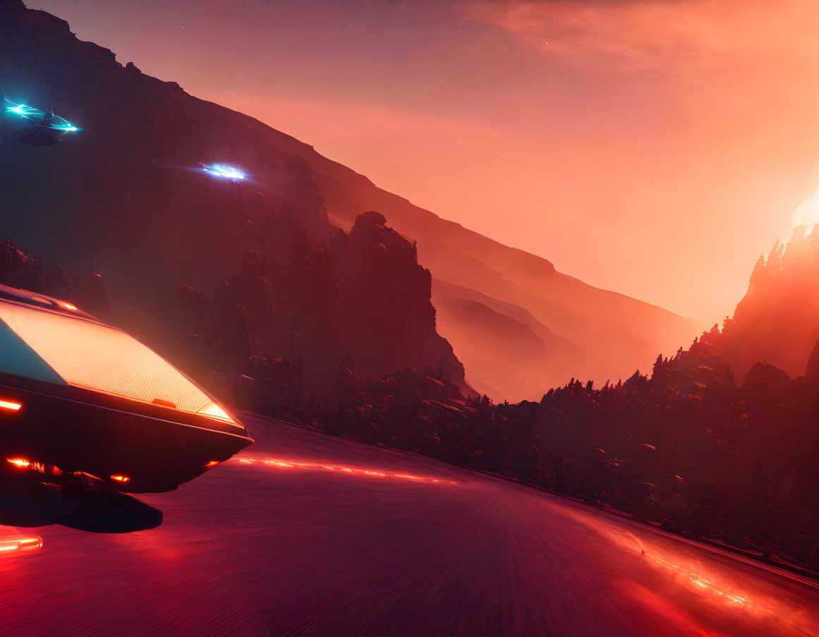 Futuristic sci-fi landscape with red sky and flying vehicles