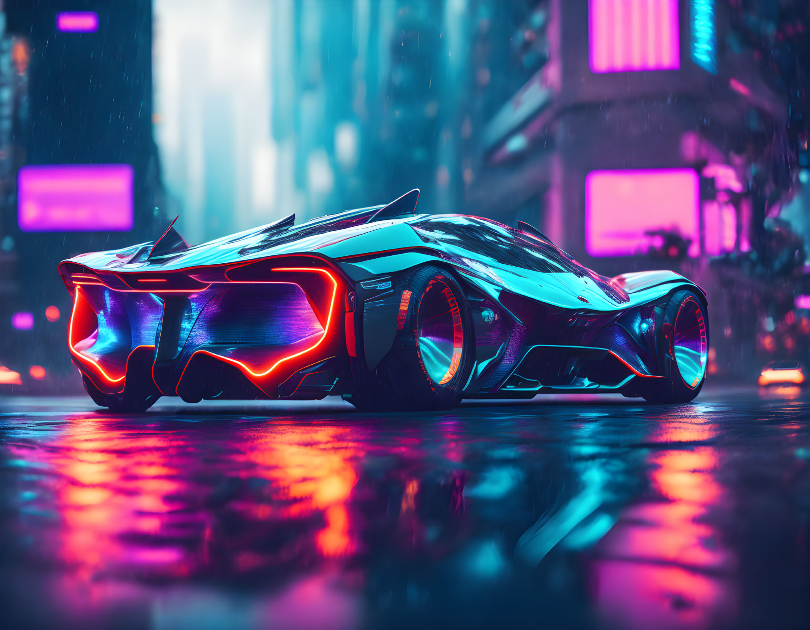 Futuristic sports car with glowing accents on wet urban streets under neon lights