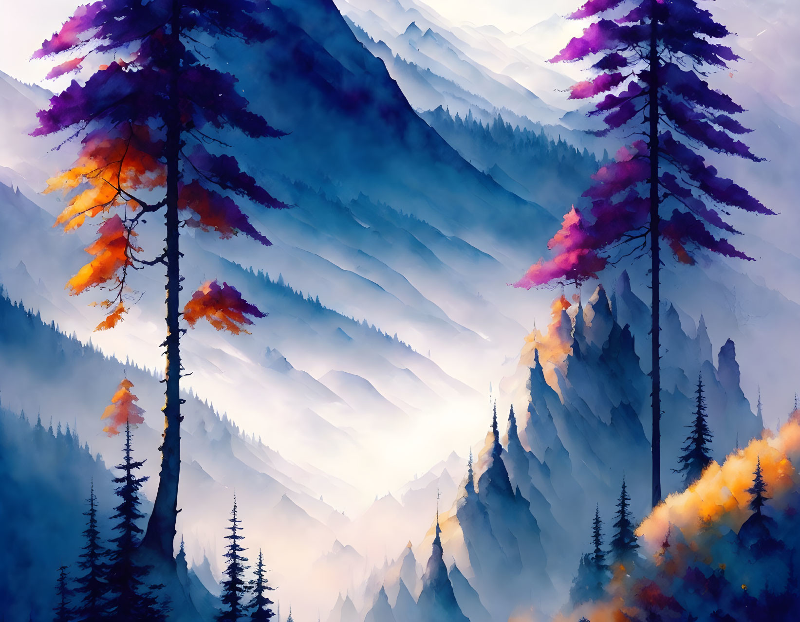 Colorful digital artwork of misty mountain range with purple and orange trees