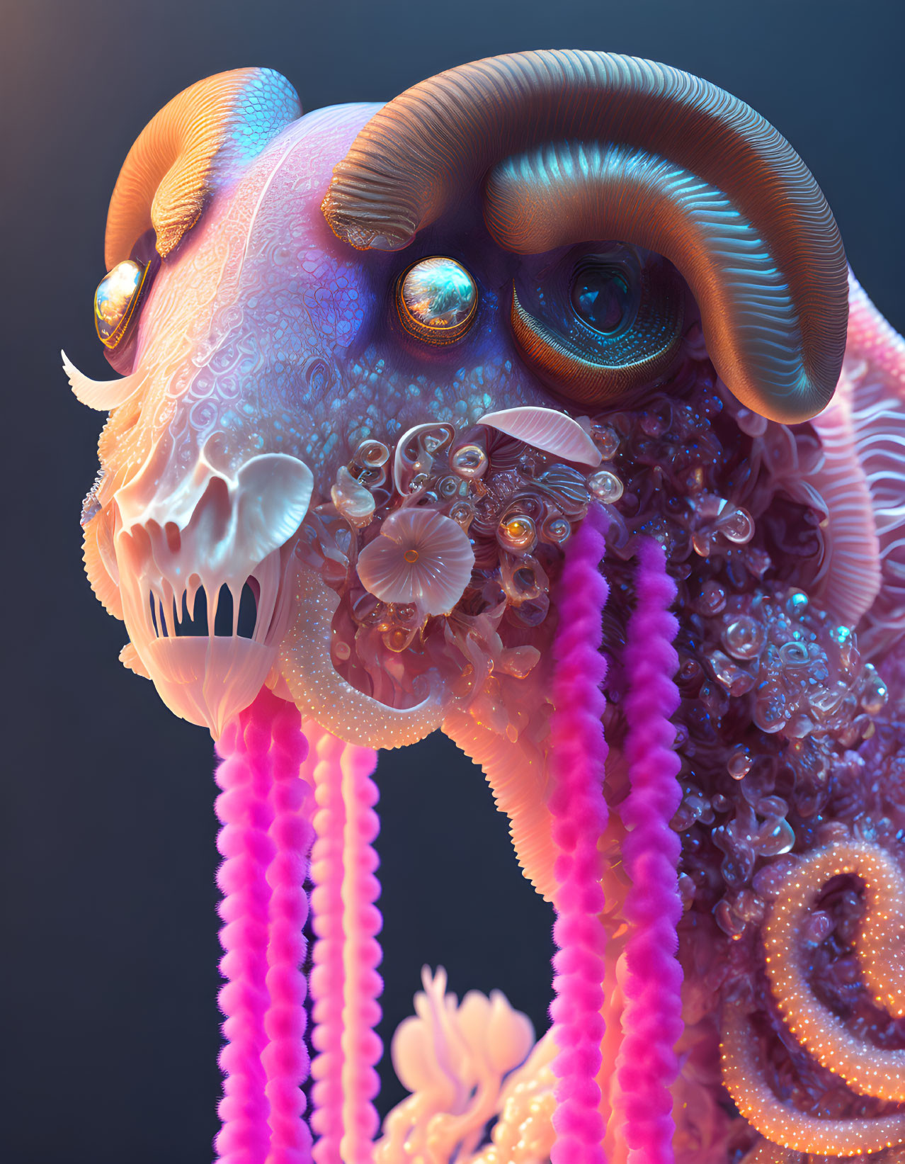 Vibrant surreal creature with ram-like horns and multiple eyes on dark background