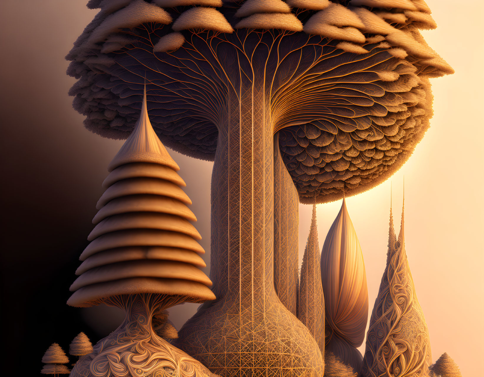 Surreal landscape with giant mushroom structures in intricate textures