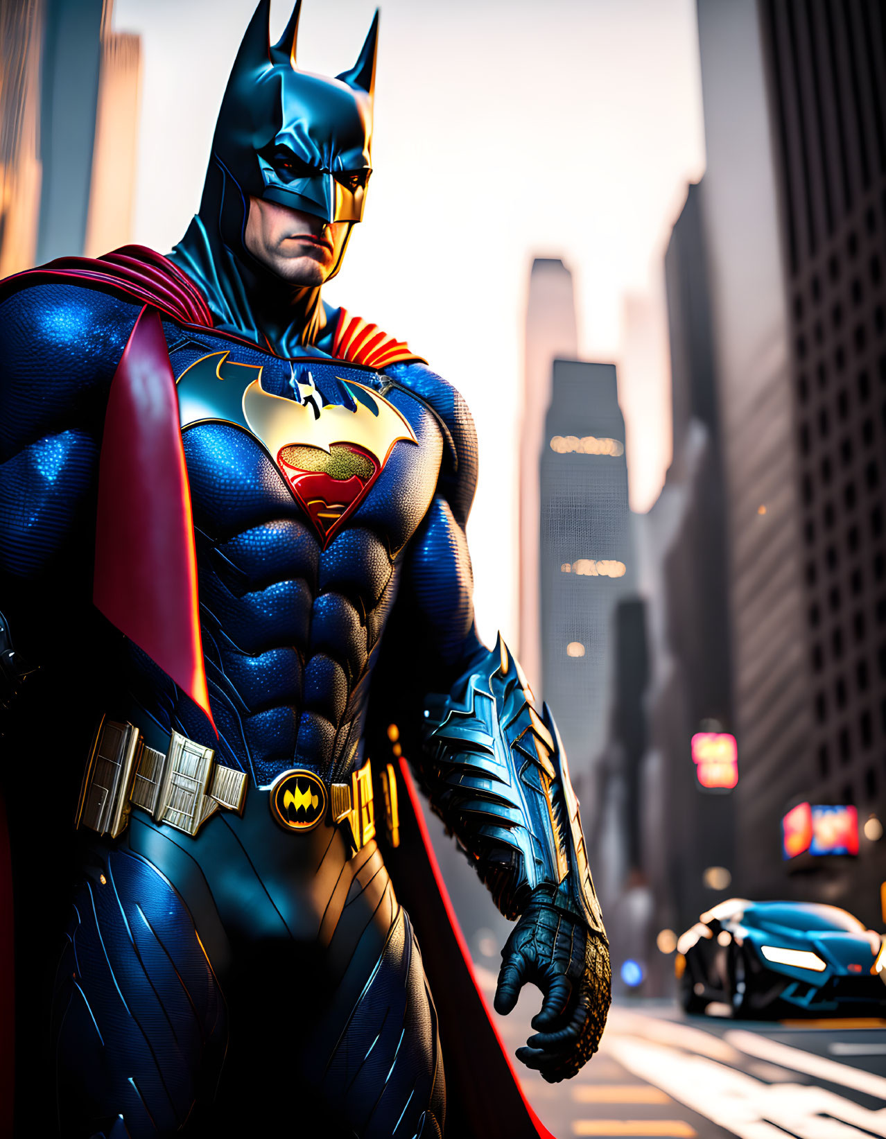 Superhero with Batman and Superman elements in combined suit, standing in cityscape at sunset