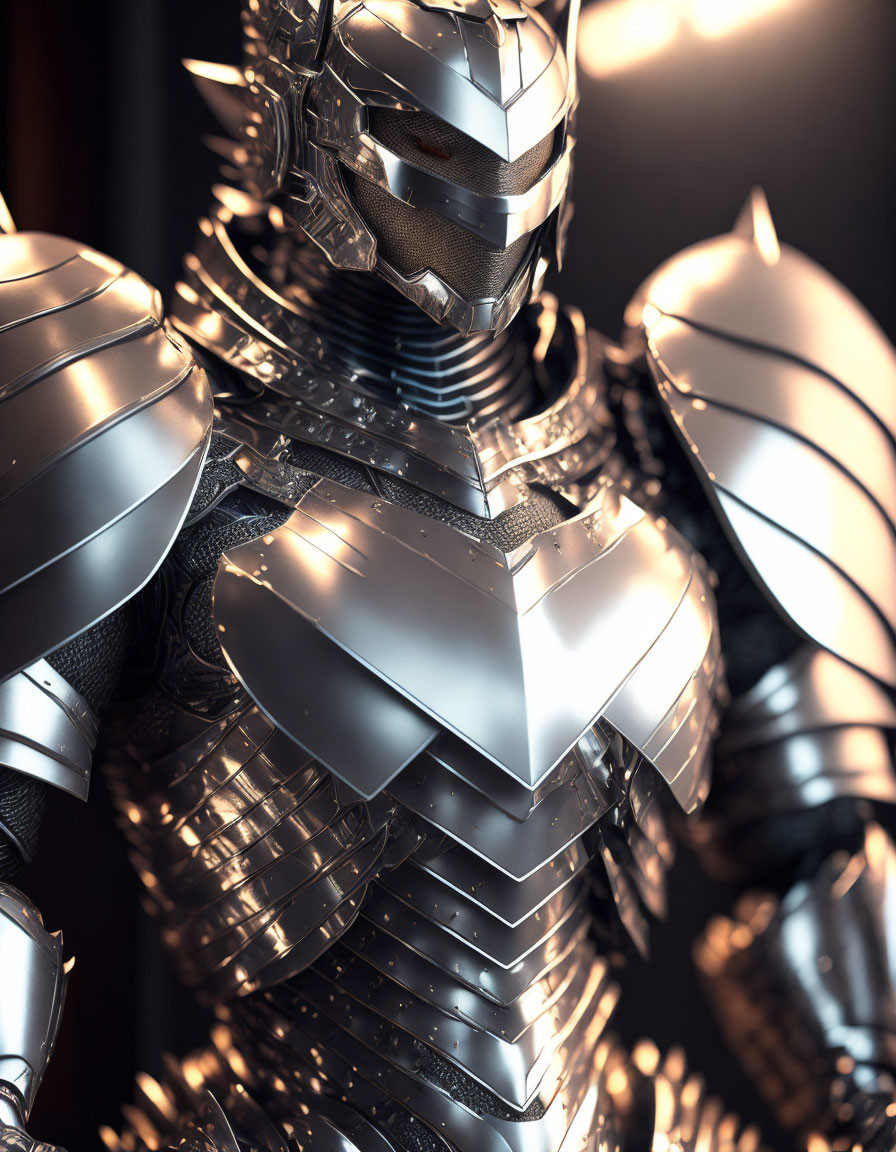 Detailed Metallic Armored Suit with Reflective Surfaces and Intricate Design Elements