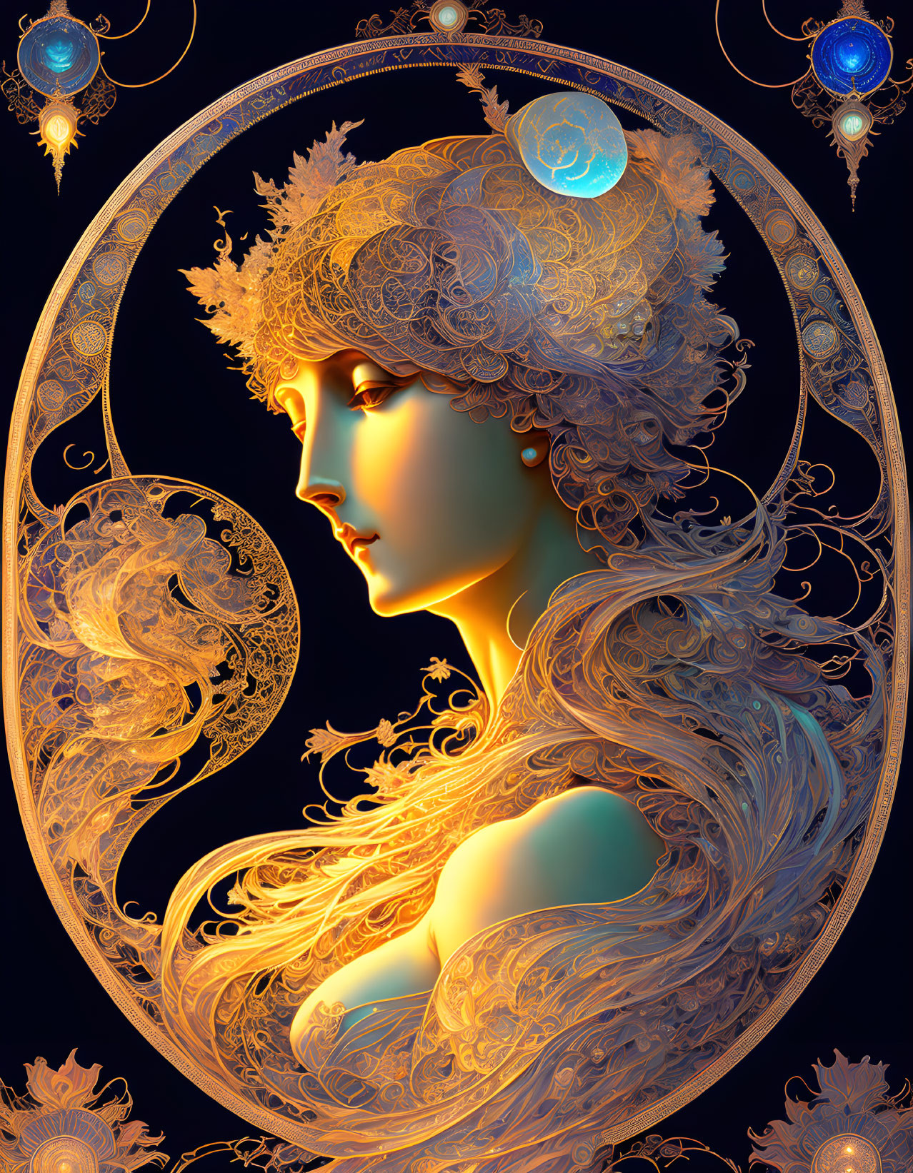 Detailed Woman Portrait in Ornate Golden Crescent Moon