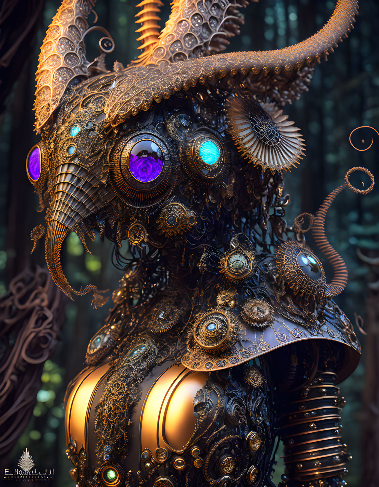 Detailed Steampunk-Style Owl Sculpture with Metalwork and Glowing Elements