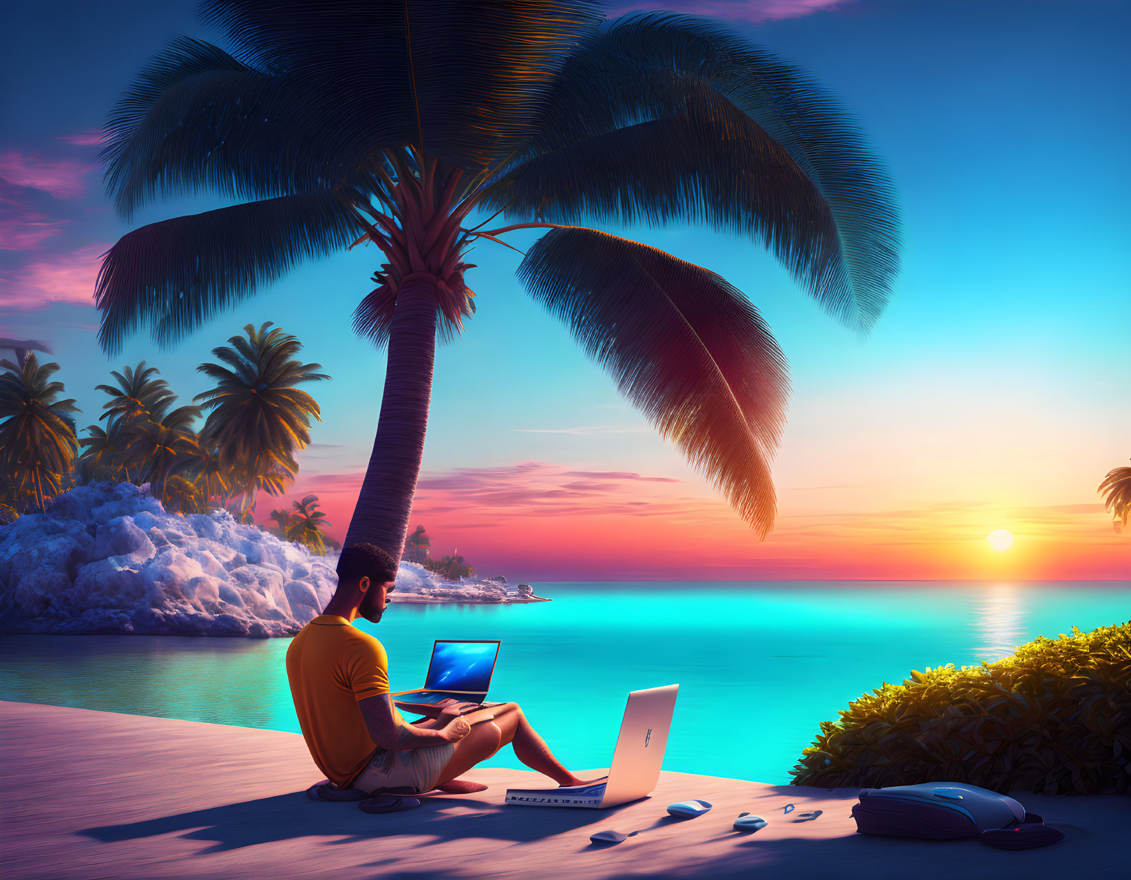 Person working on laptop under palm tree at sunset by vibrant tropical beach