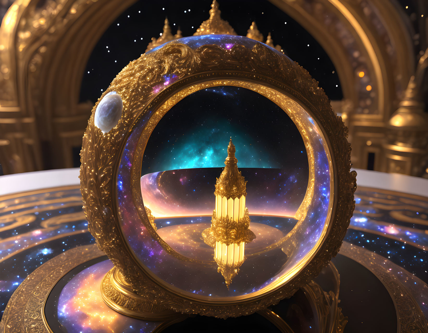 Golden Mirror Frames Fantastical Cosmic Scene with Glowing Tower