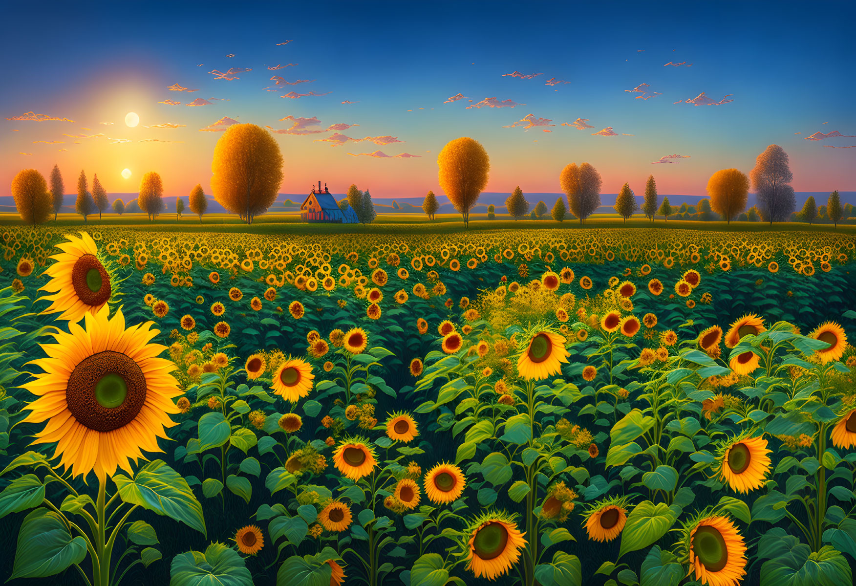 Sunflower Field Sunset with Golden Sky and Farmhouse