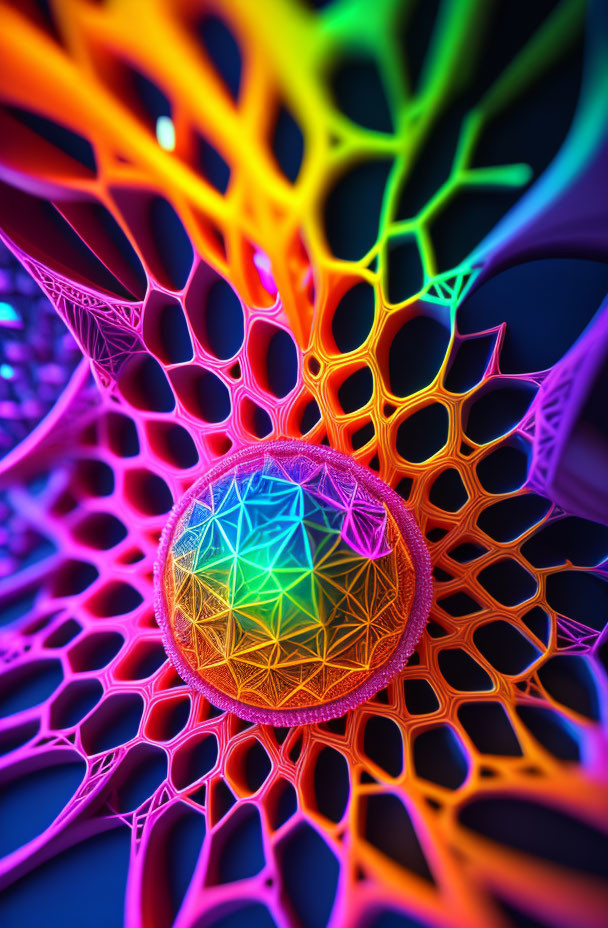 Colorful 3D fractal with neon hues and intricate wireframe patterns