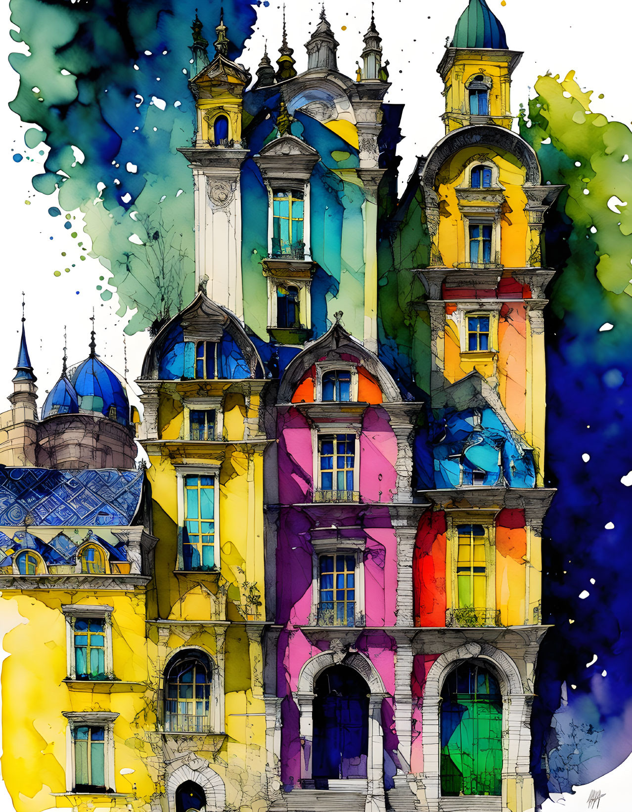 Colorful Watercolor Painting of Eclectic Buildings and Towers in Abstract Sky