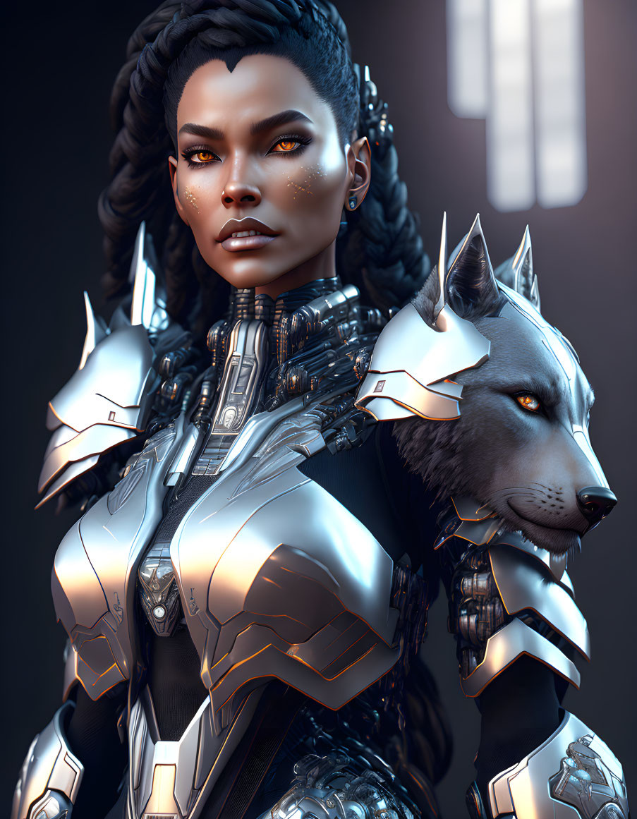 Futuristic armored woman with braided hair and metallic wolf in advanced designs