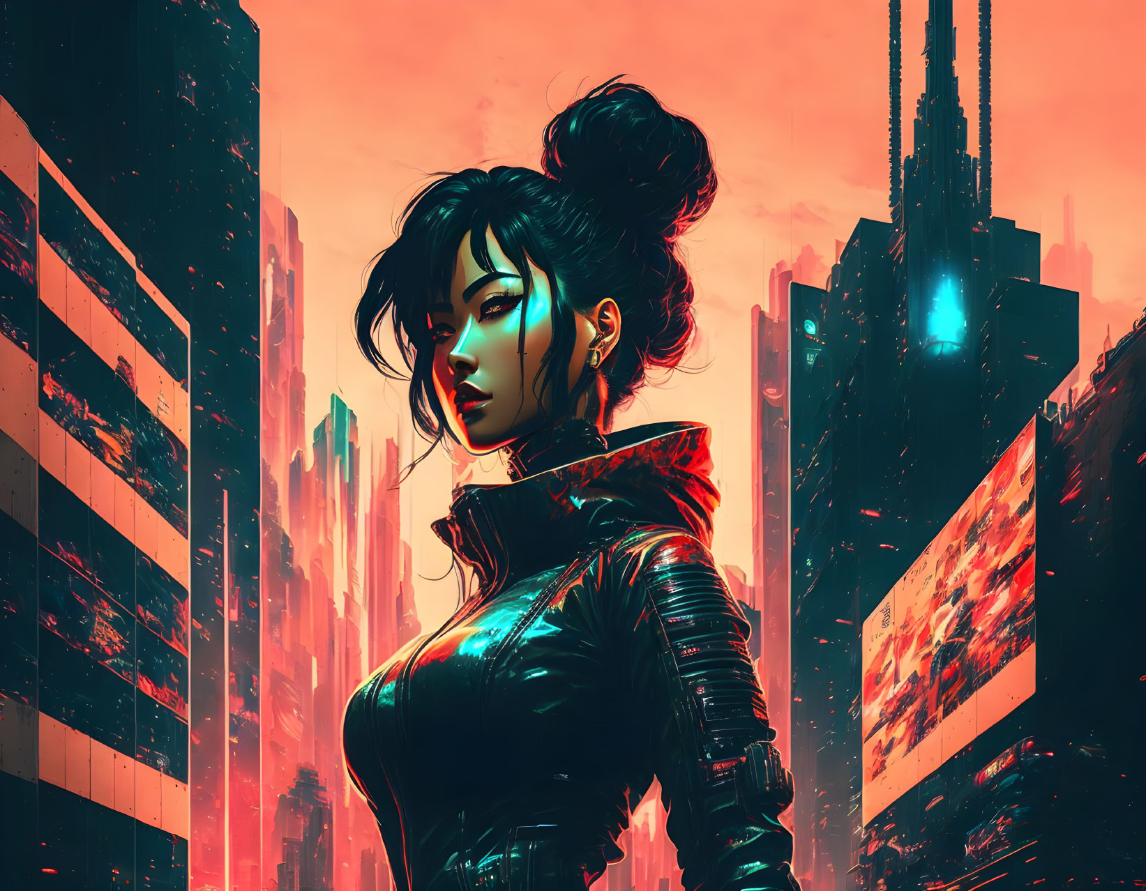 Futuristic cyberpunk-style art of woman in red jacket against neon cityscape