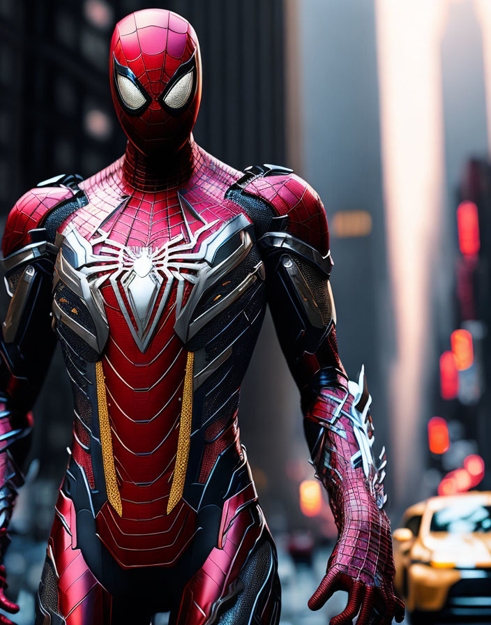 Detailed Spider-Man Costume with City Street Backdrop and Vibrant Colors