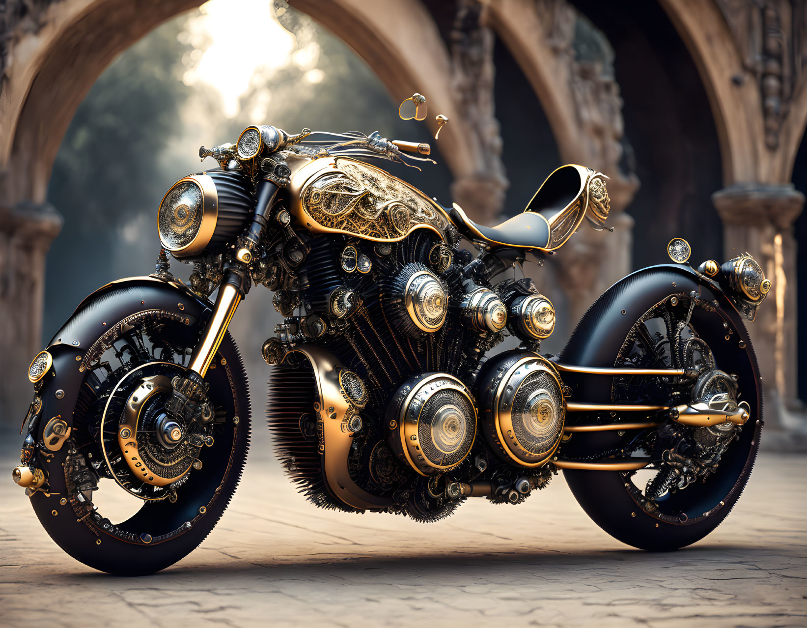 Detailed Steampunk Motorcycle with Ornate Metallic Embellishments