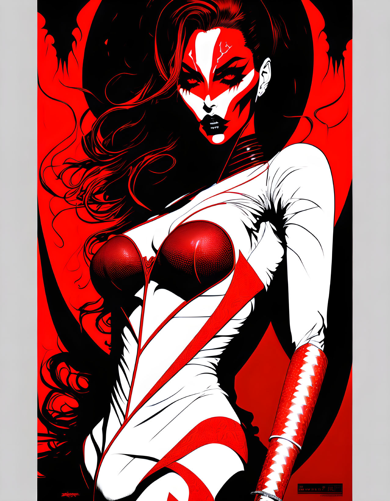 Female superhero illustration with flowing hair and heart symbol costume