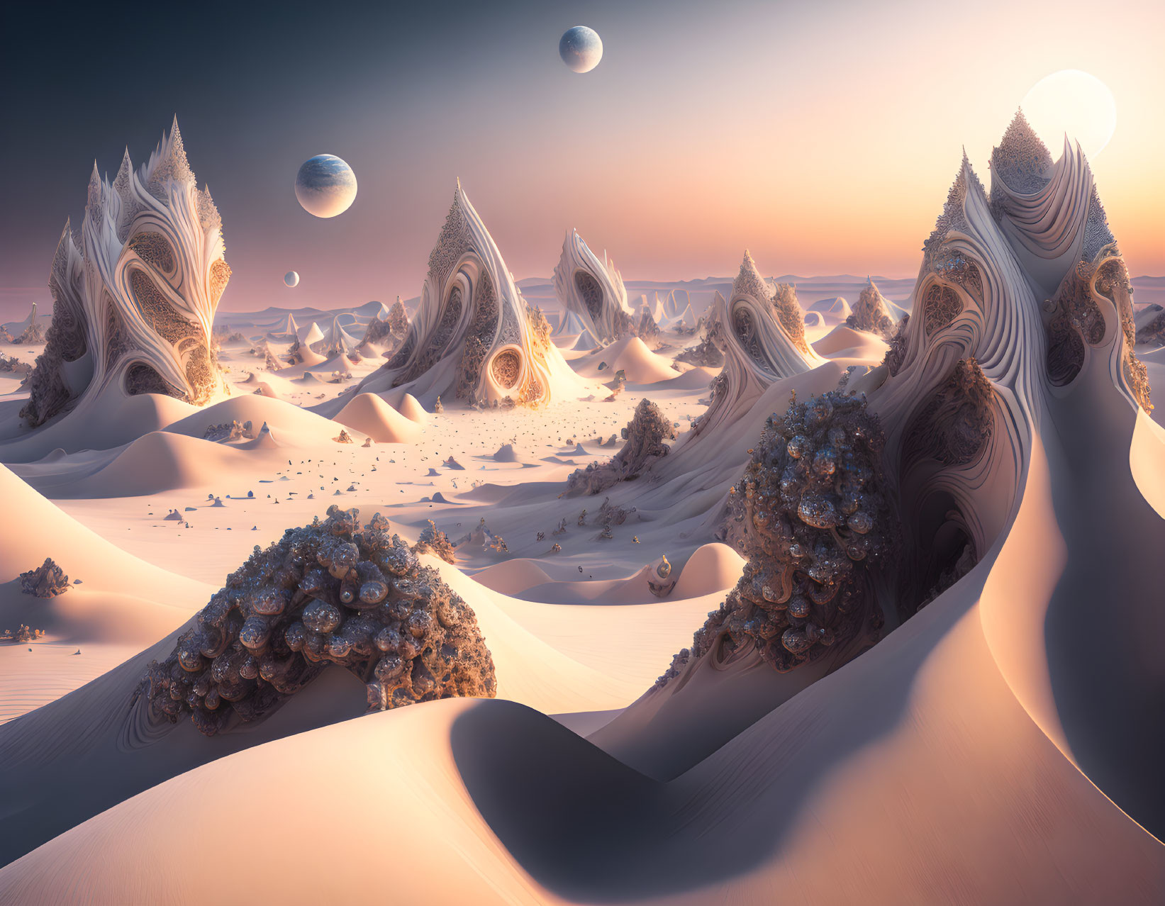 Surreal desert landscape with dune-like structures and multiple moons in the sky