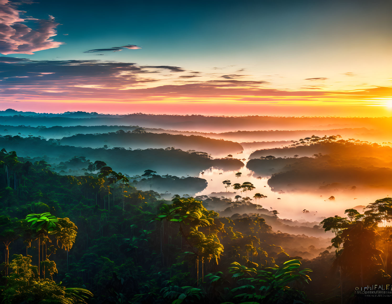 Misty jungle sunrise with vibrant sky and tree silhouettes