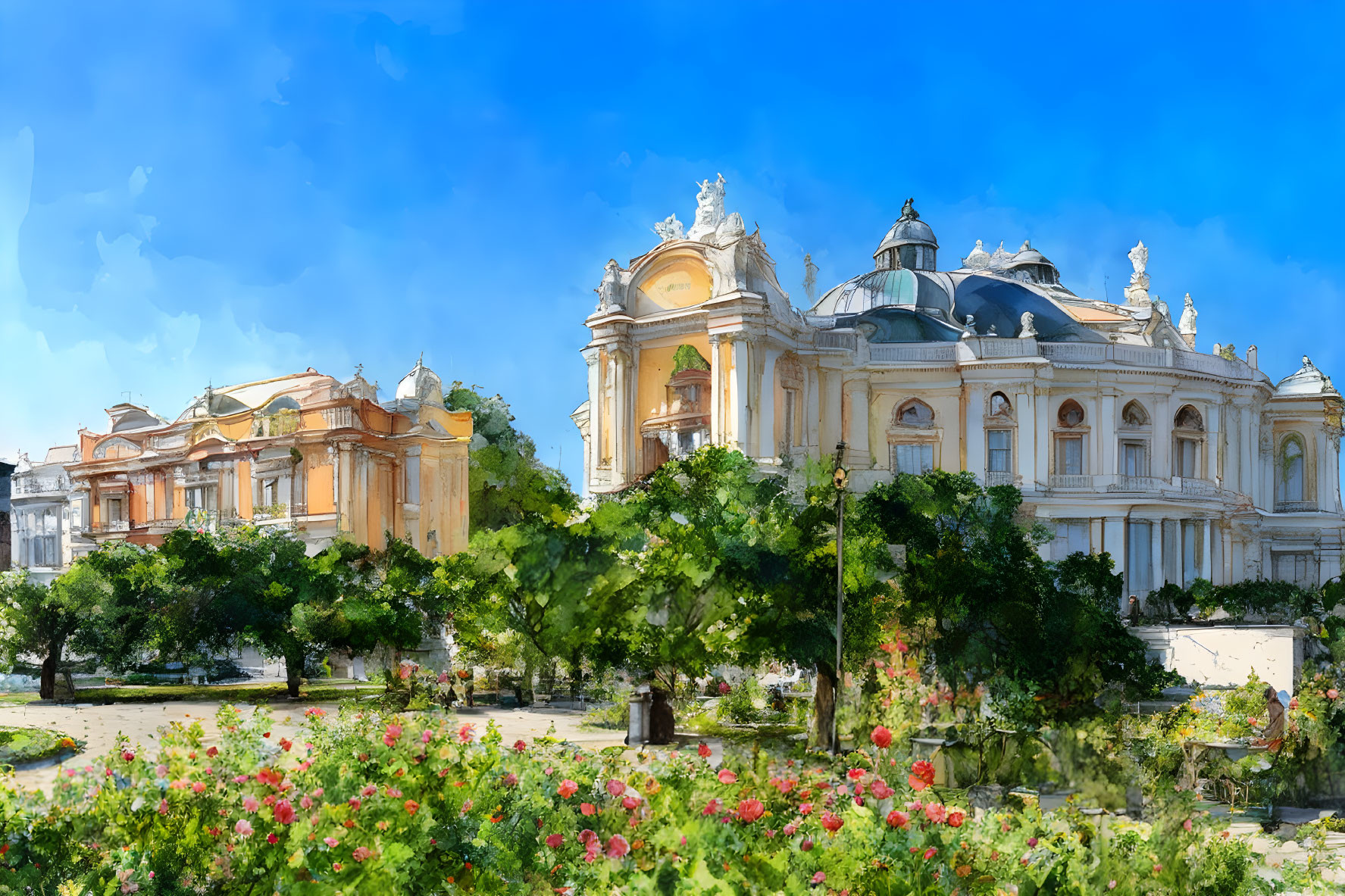 Historic building with domed roof in lush garden setting