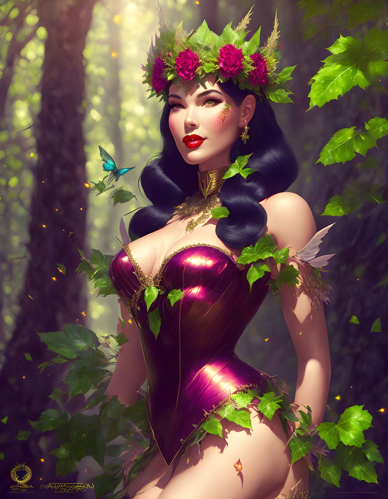 Illustration of woman with floral crown and butterfly in sunlit forest