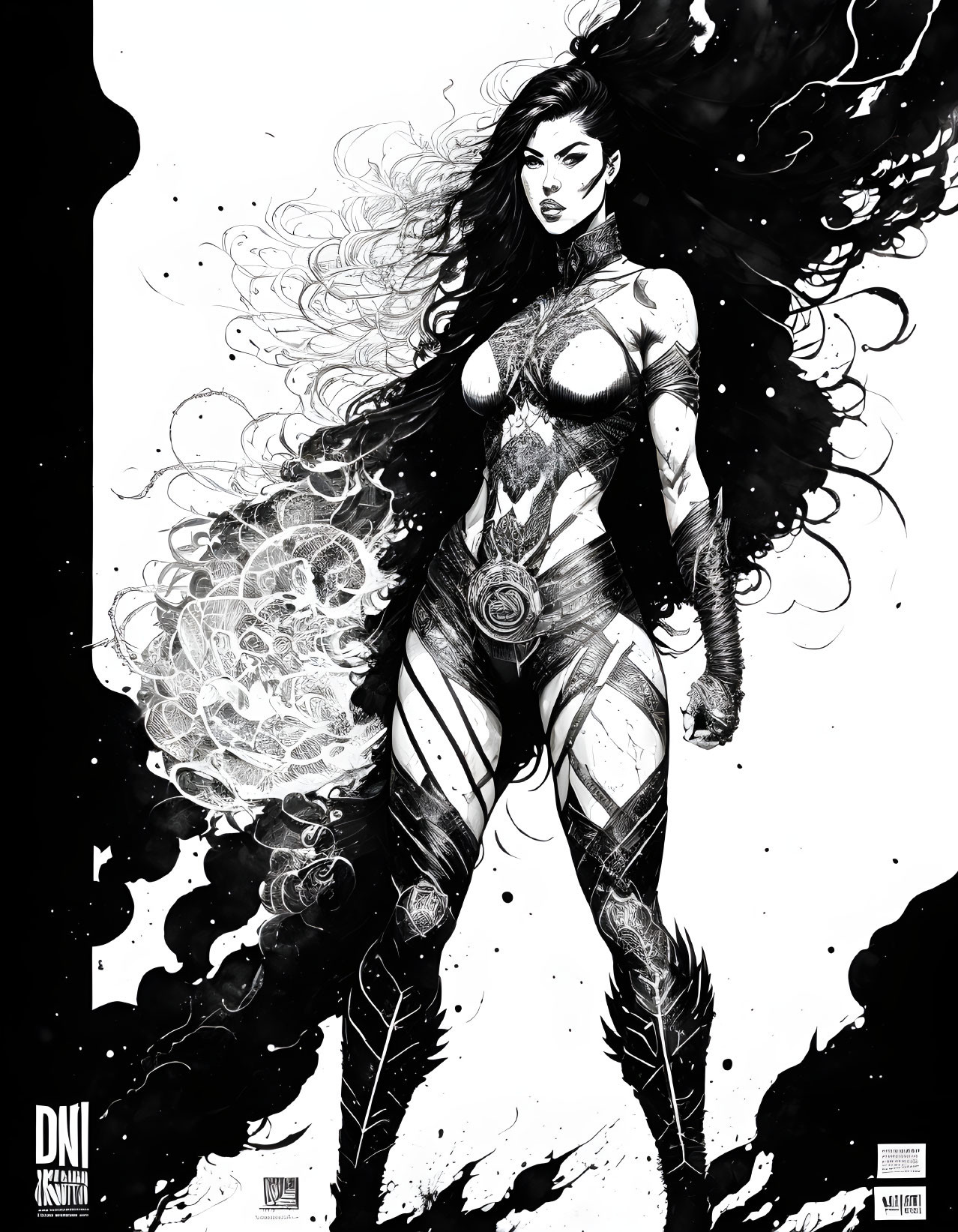 Monochromatic female superhero art with flowing hair and intricate costume details