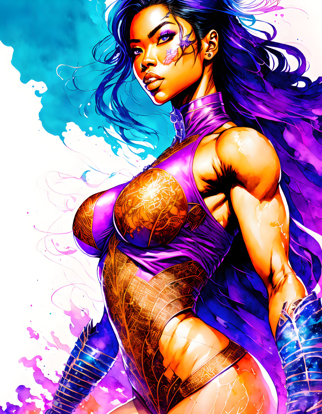 Colorful illustration of woman with blue hair and tattoos in purple outfit