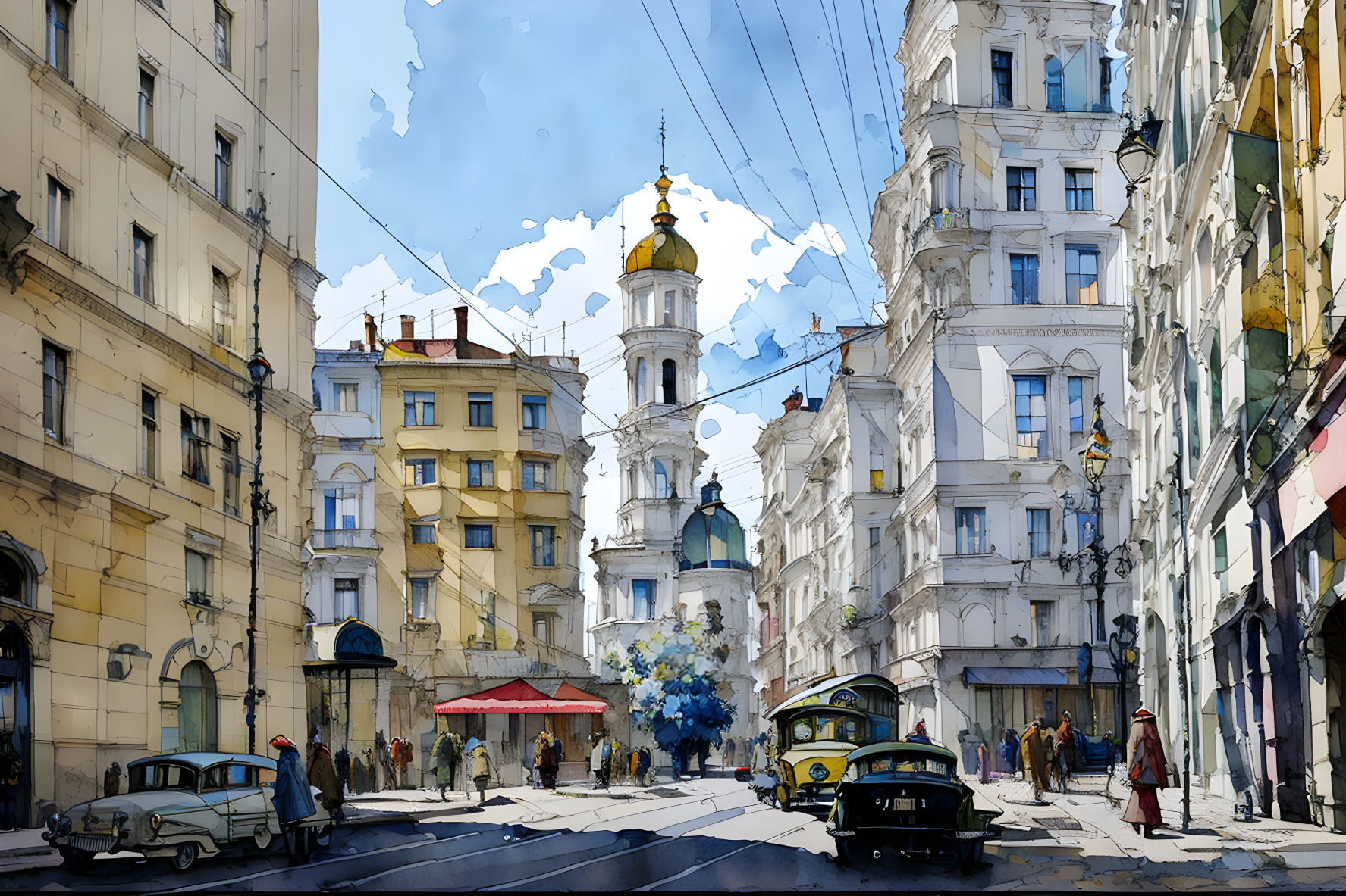 Colorful Watercolor Street Scene with Classic Cars and Pedestrians