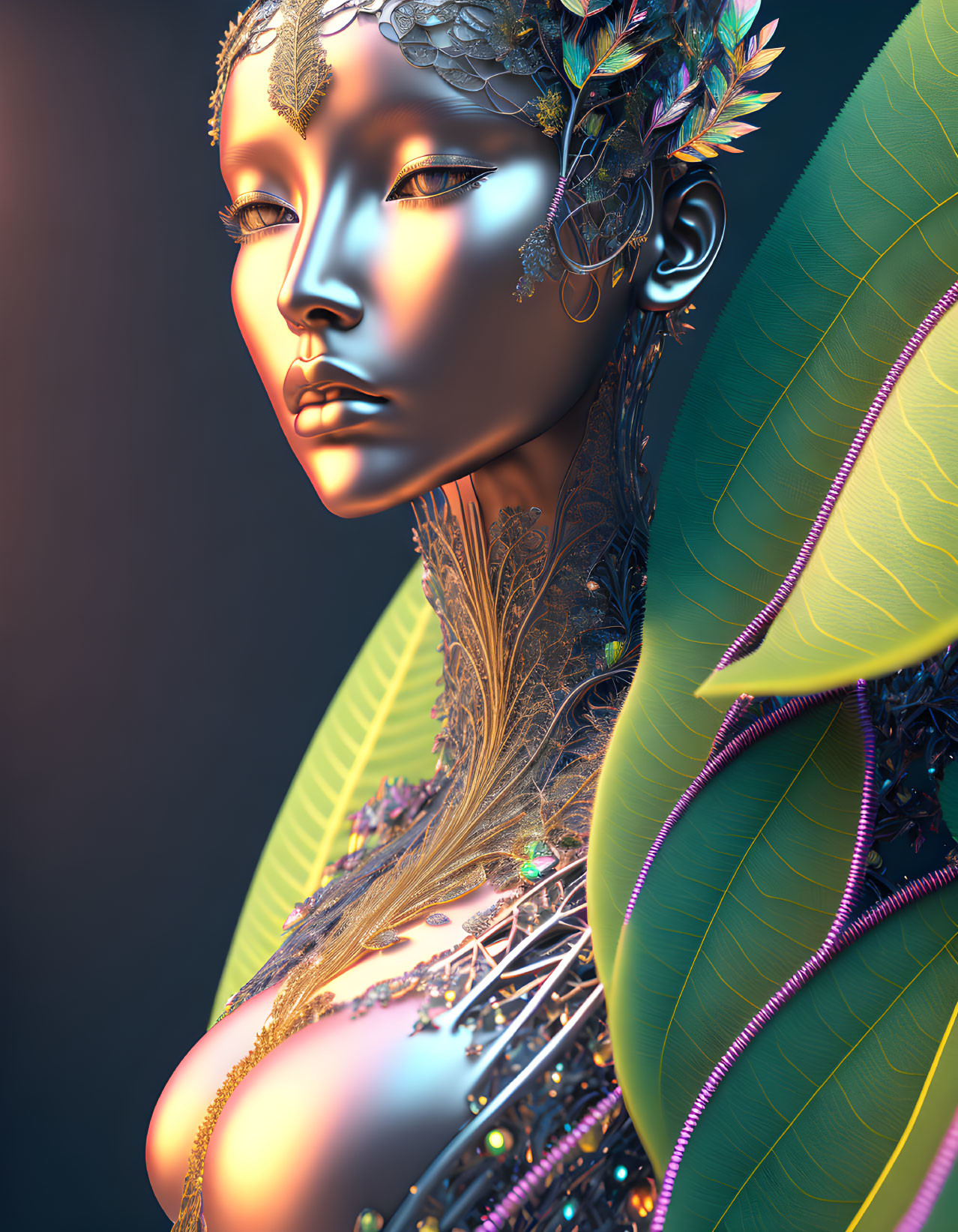 Digital artwork: Woman with metallic skin and green leaf adornments