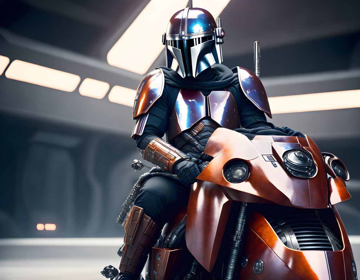 Futuristic figure in reflective helmet on orange motorcycle in sci-fi setting