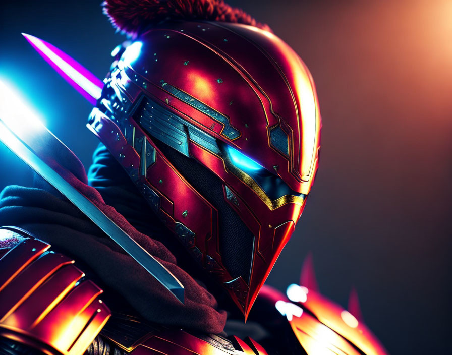 Futuristic warrior in red armor wields glowing swords amid neon-lit scene