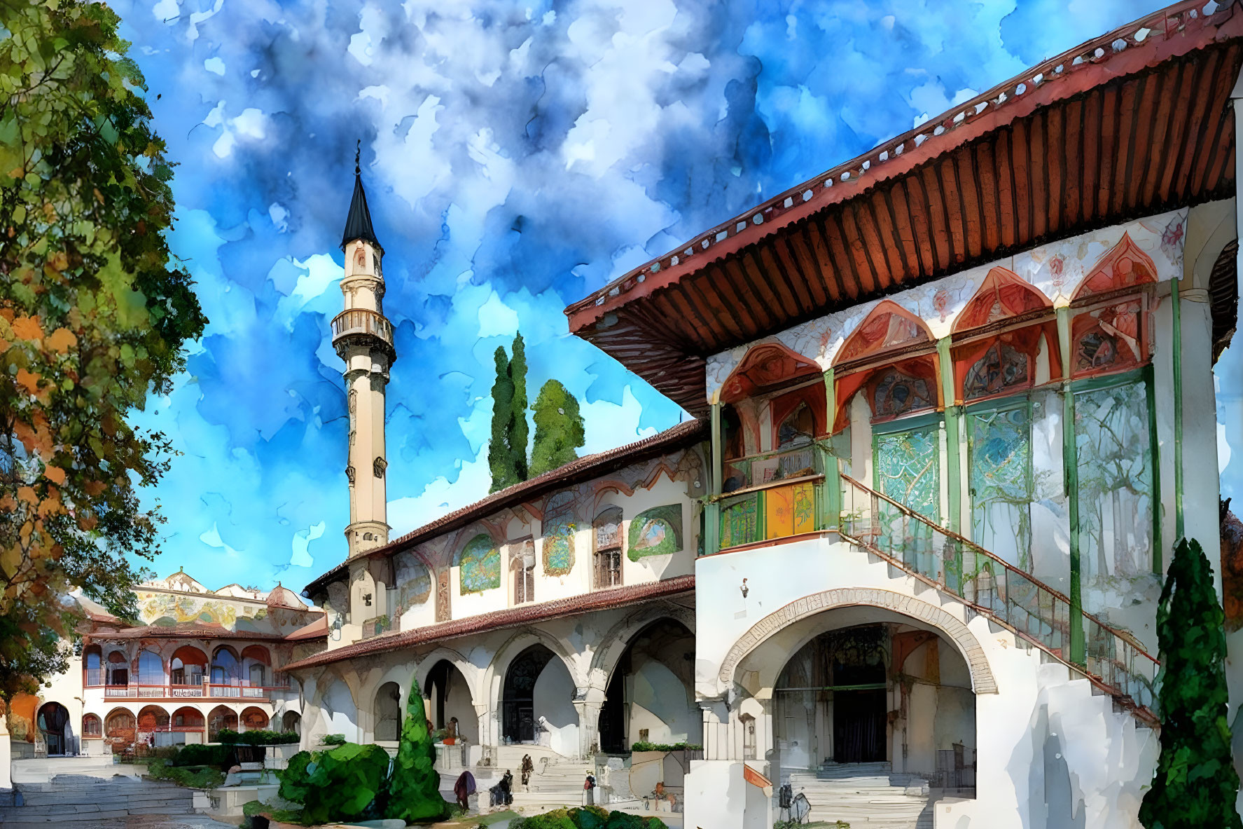 Traditional mosque with tall minaret in lush setting under blue sky