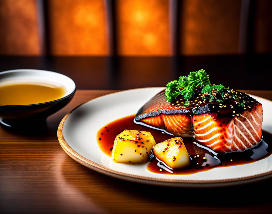 Freshly Grilled Salmon with Seeds and Herbs, Roasted Potatoes, and Soup on White