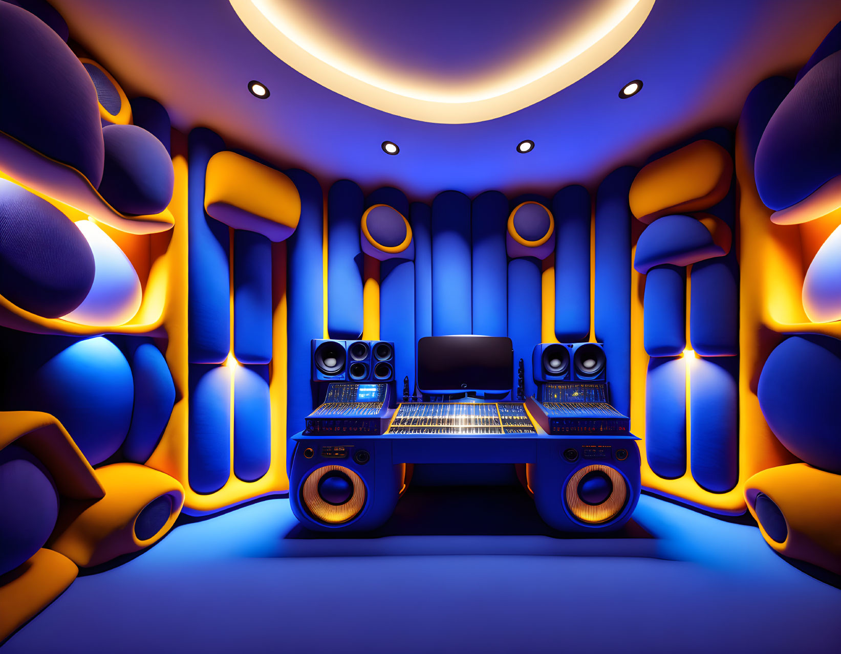 Futuristic music studio with neon lights and mixing console