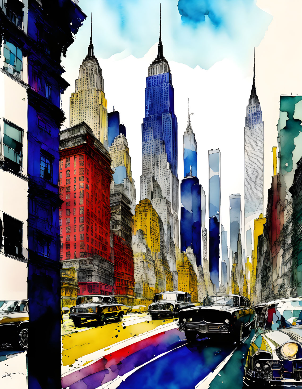 Colorful Stylized Painting of New York City Streets and Skyscrapers