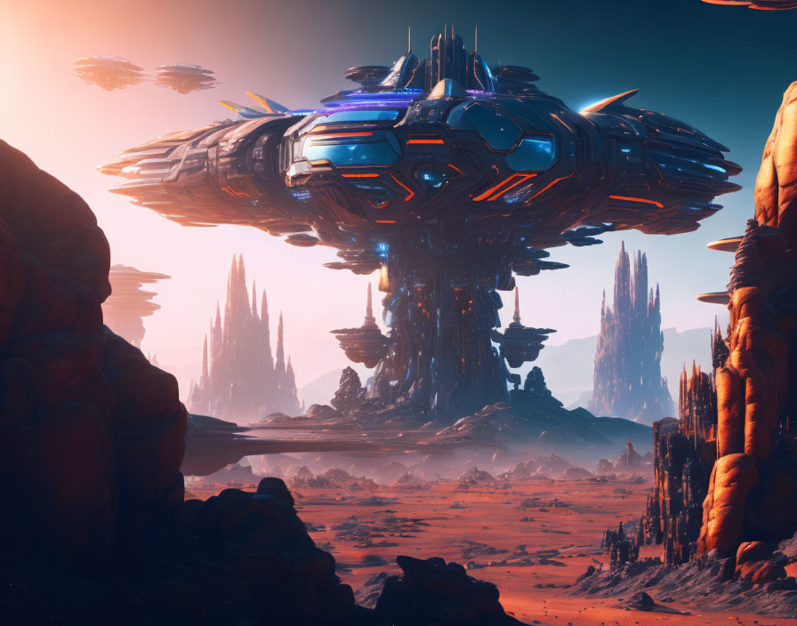 Futuristic spaceship above rocky desert with spires & floating structures