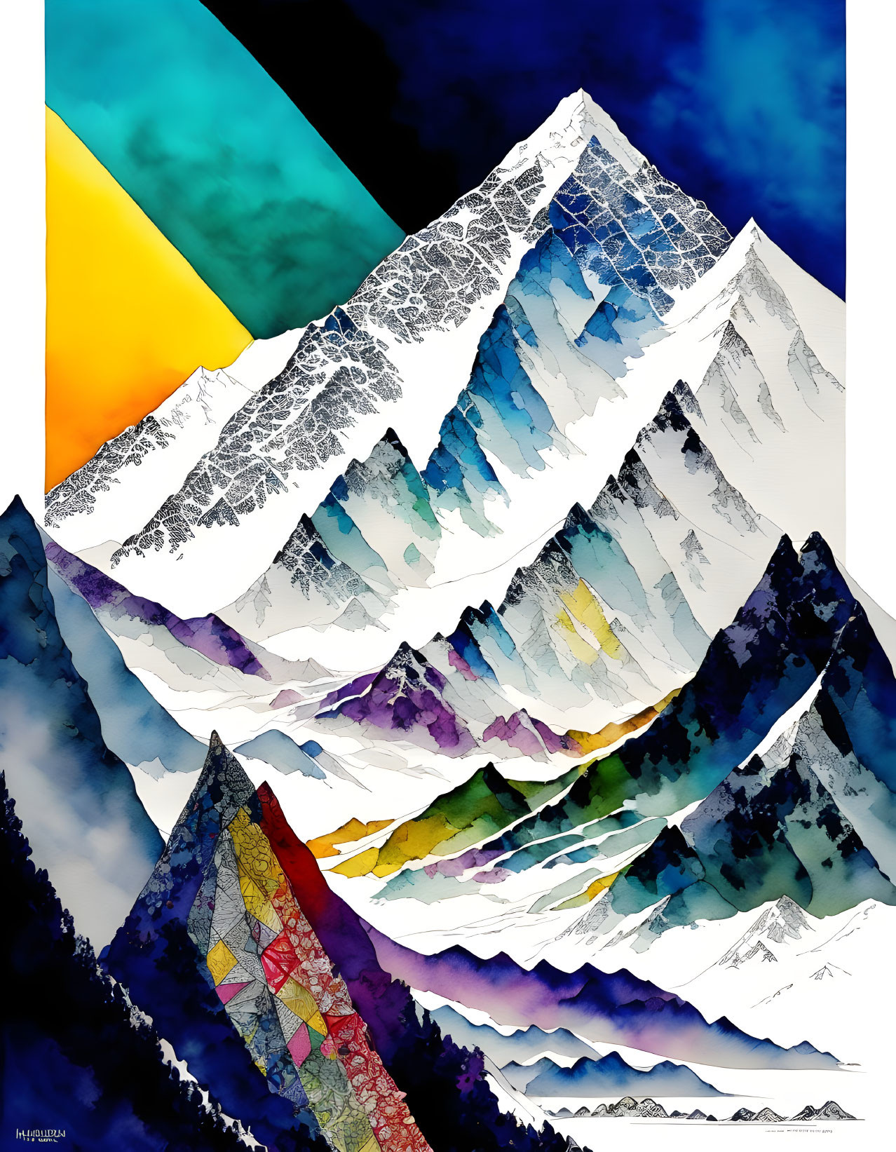 Colorful Abstract Mountain Peaks with Geometric Patterns at Sunset