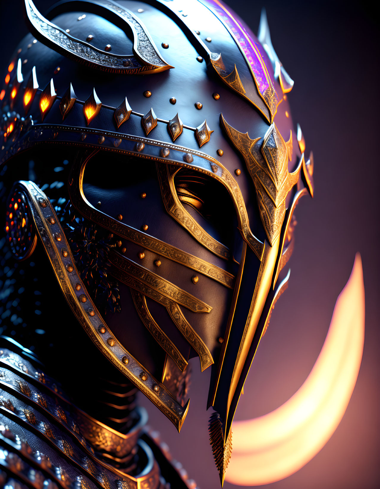 Fantasy Armor Helmet with Gold Accents and Spikes on Fiery Crescent Moon Background