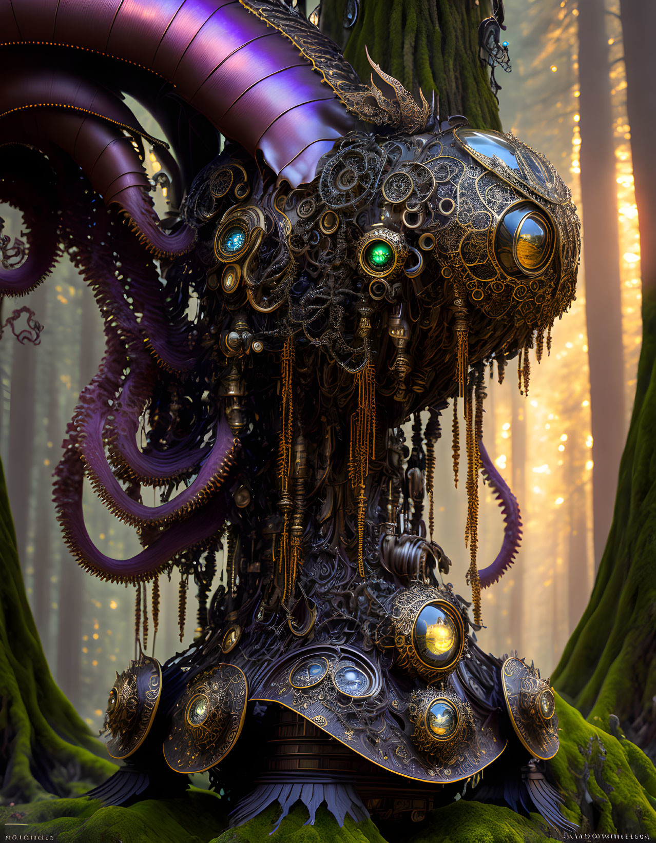 Steampunk elephant sculpture with golden gears, clocks, and gemstones in mystical forest.