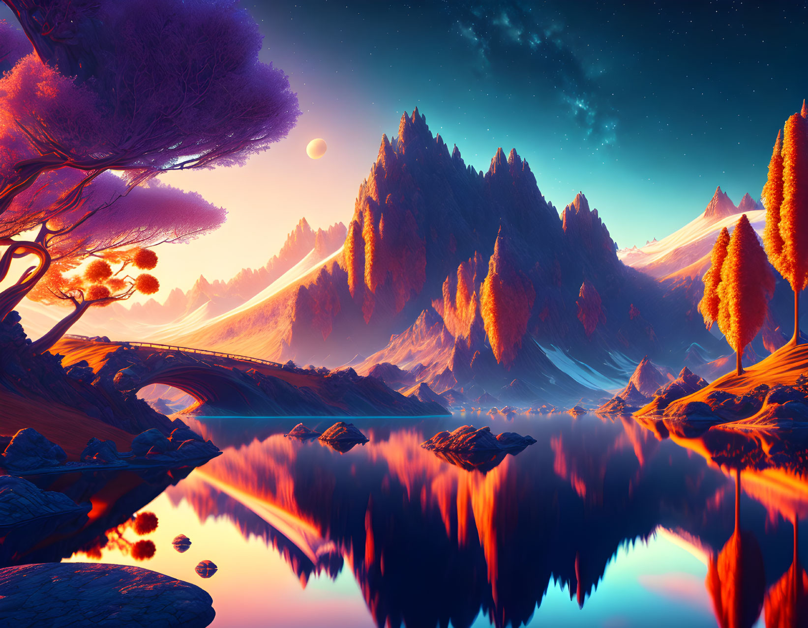 Fantasy Landscape with Purple Skies, Orange Forest, Lake, and Mountains