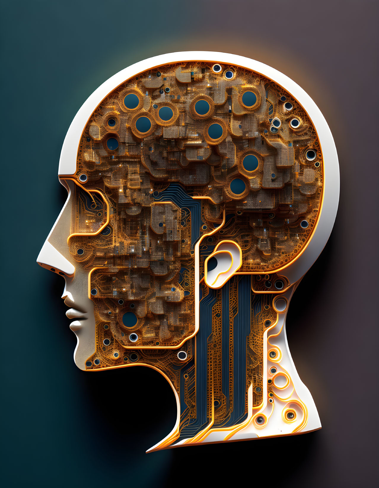 Digital artwork: Human head profile merging with electronic circuitry