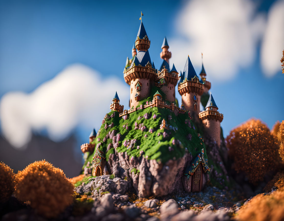 Miniature fairy tale castle on green hillock with spires, orange trees, blue sky.