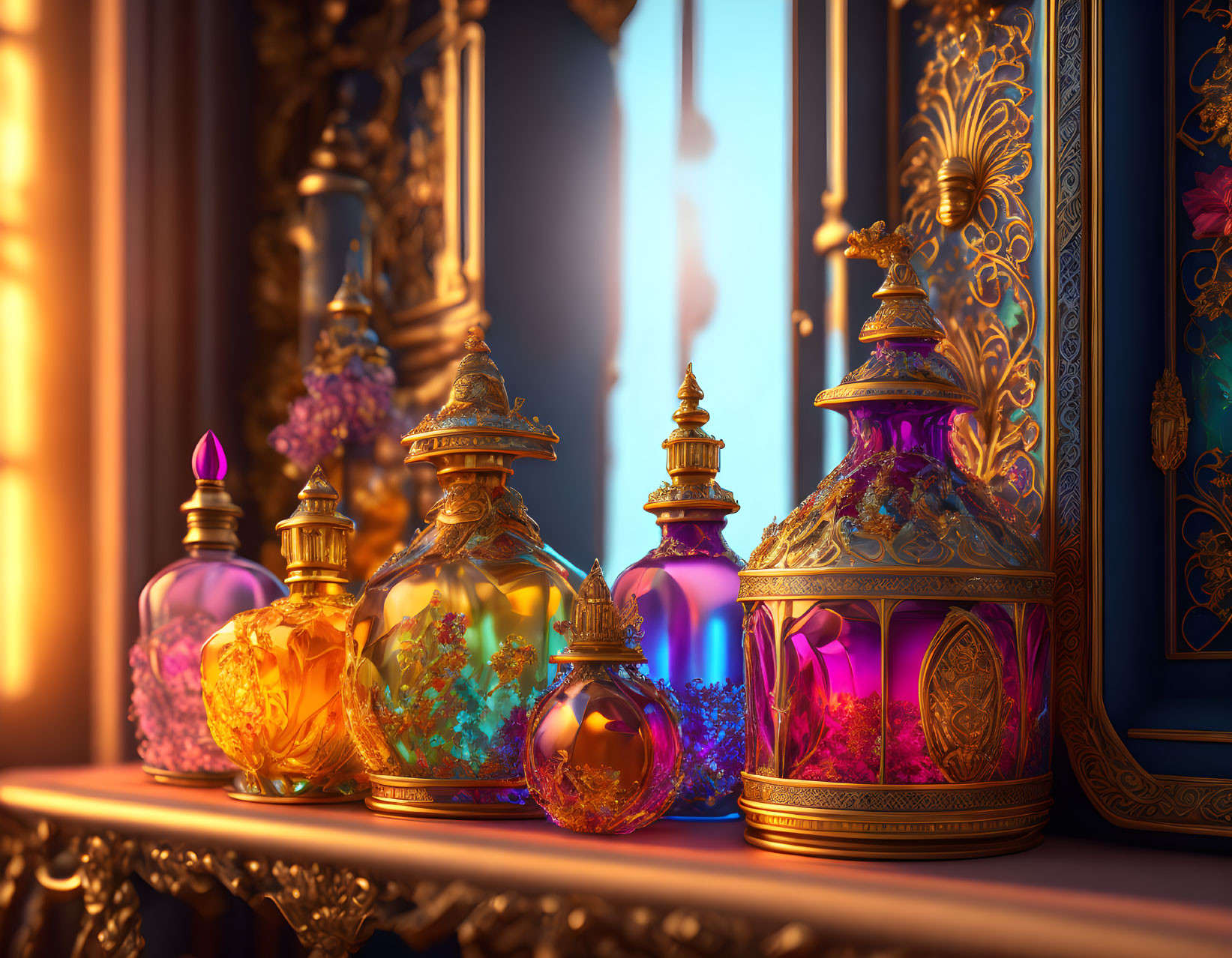 Colorful ornate glass bottles with intricate metalwork on shelf in natural light