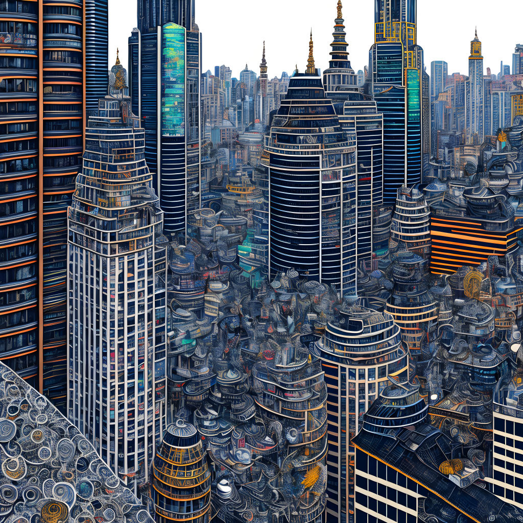 Detailed futuristic cityscape with dense multi-layered buildings