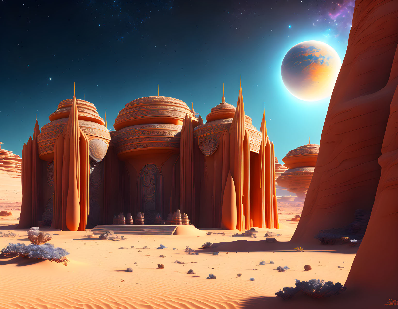 Futuristic desert cityscape with domed buildings and large planet in starry sky