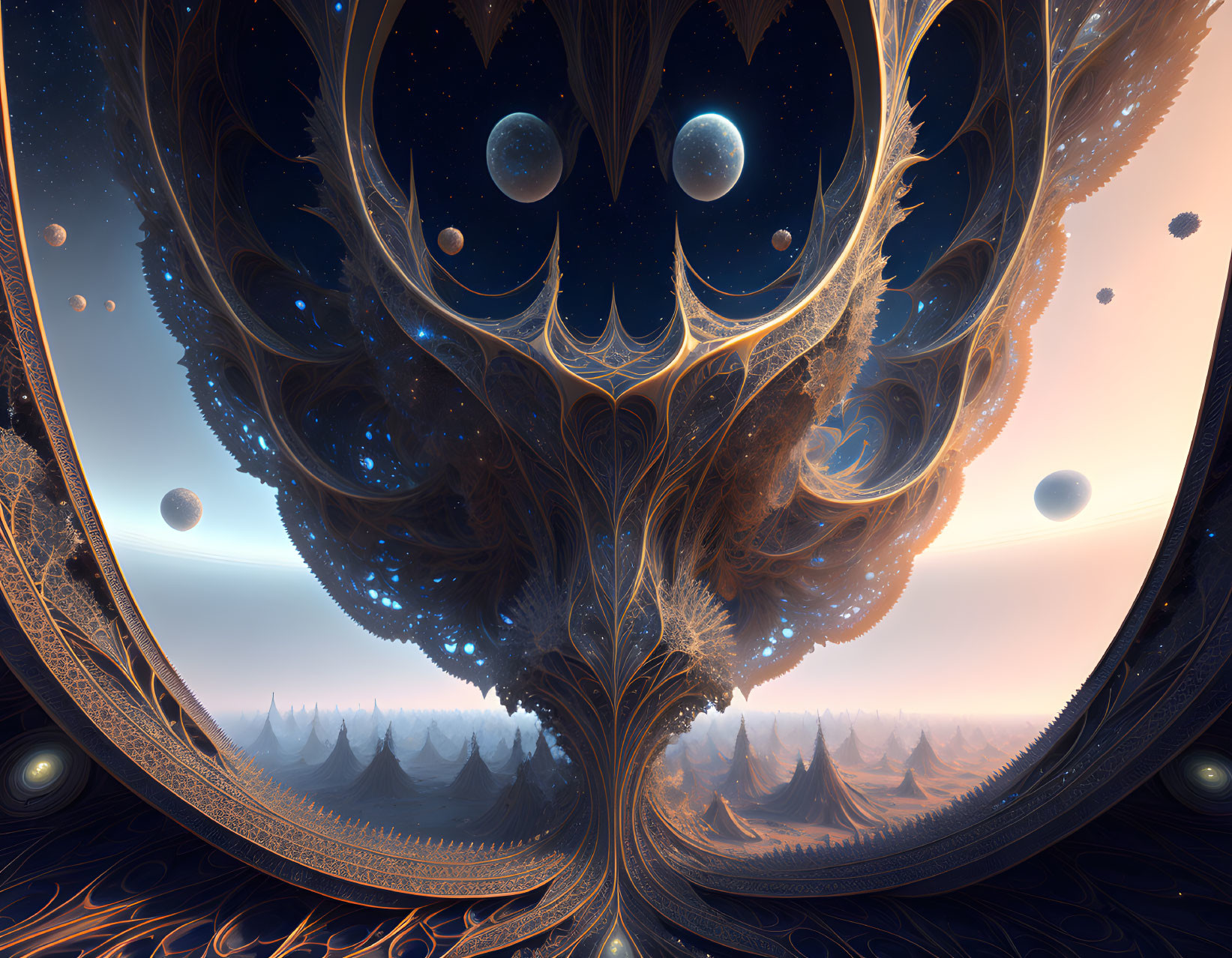 Fractal landscape with tree-like structures, moons, and starry sky.