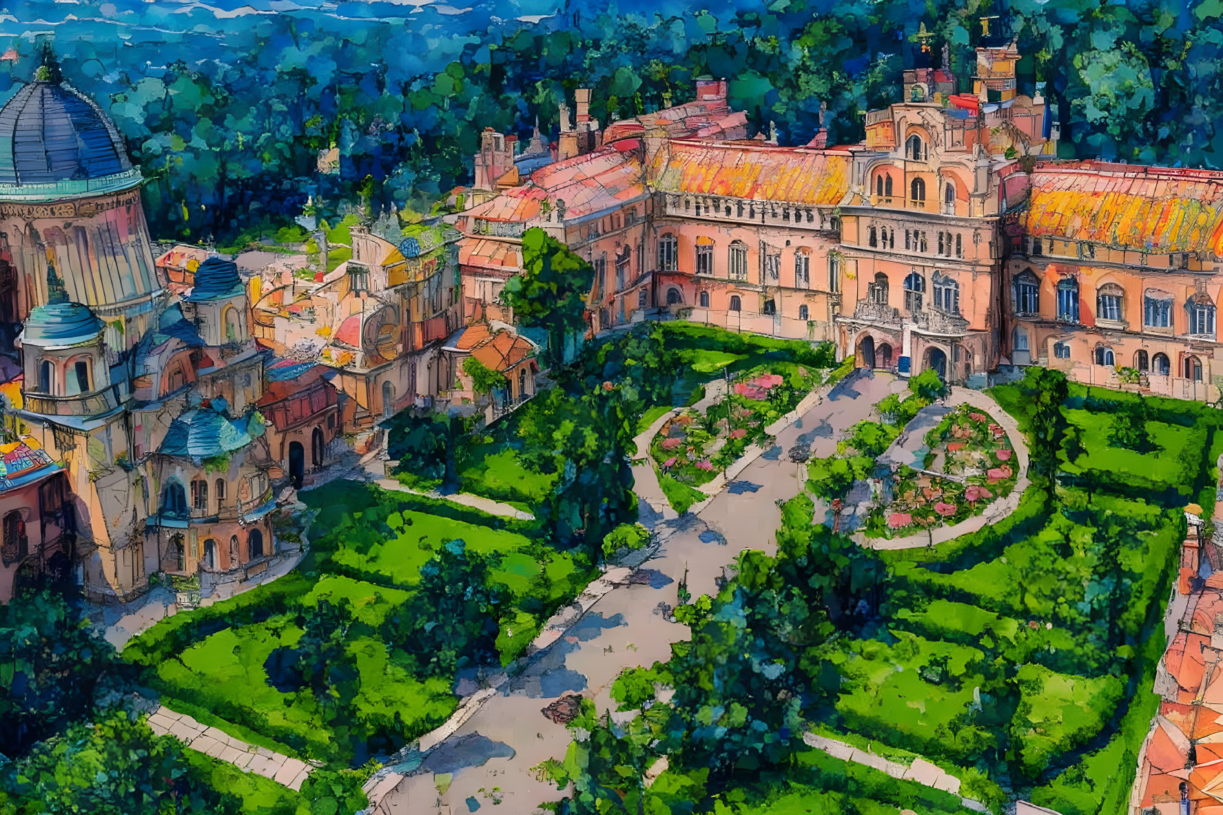 Vibrant European-style estate illustration with ornate architecture and lush surroundings