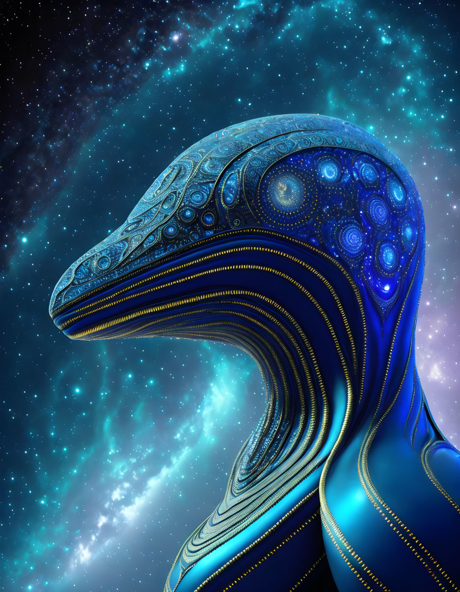 Stylized metallic alien with intricate patterns on cosmic background